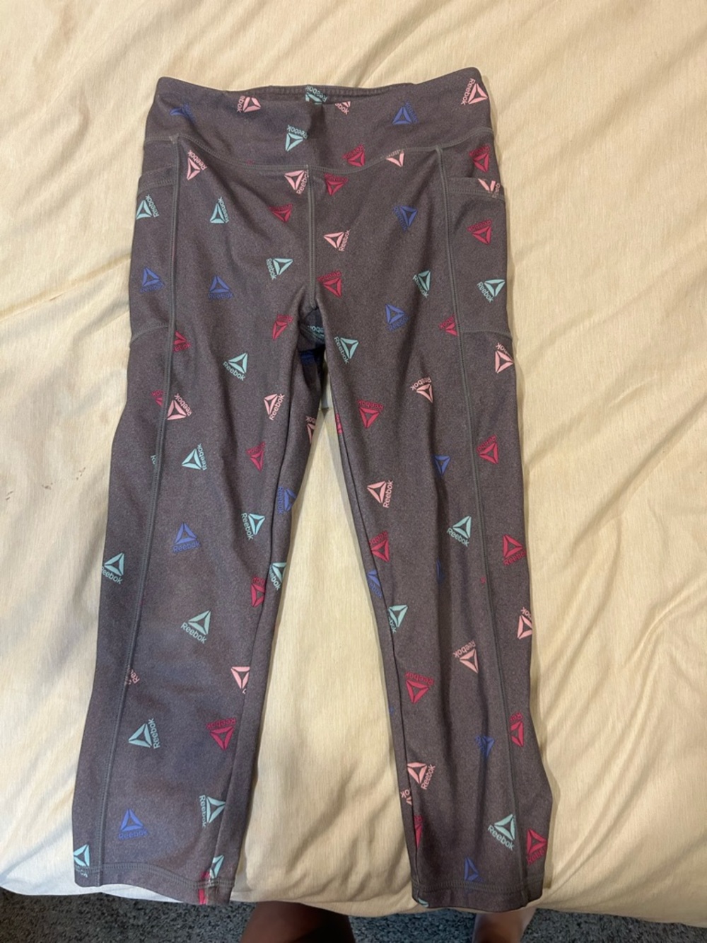 Reebok Girls' Charcoal Leggings with Pink, Blue & Teal Logo Print